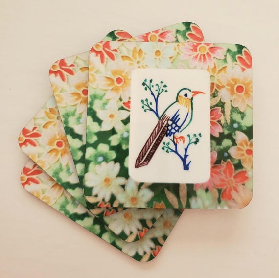 Set of Four, Mahjong One Bamboo Tile Design, Coasters