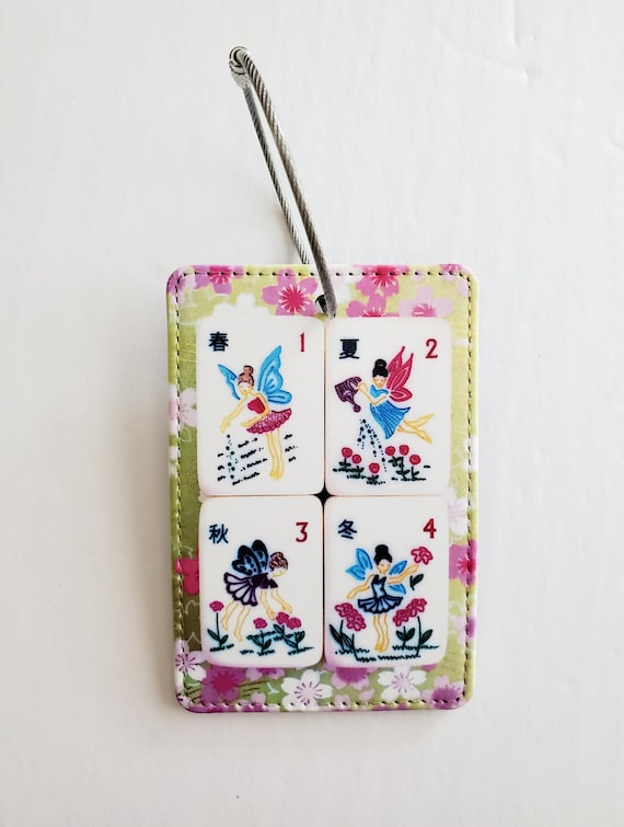 Luggage Tag with Metal Ring, Rectangle ~ Mother Nature Mahjong Tiles Image, Fairy Flowers