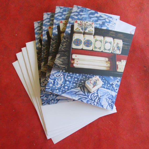 Set of Four Mahjong Stationery Cards & Four Envelopes ~ Inspired by Vintage Mahjong Tile Designs ~ Note Cards