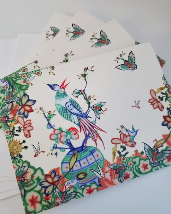 Set of Four Mahjong Stationery Cards & Four Envelopes ~ Inspired by Vintage Mahjong Tile Designs ~ Note Cards