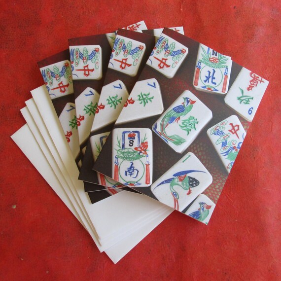 Set of Four Mahjong Stationery Cards & Four Envelopes ~ Inspired by Vintage Mahjong Tile Designs ~ Note Cards