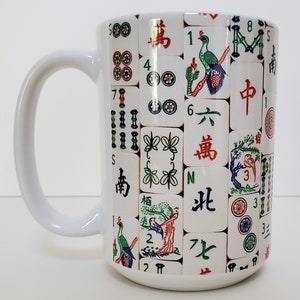 Vintage Bone Tile Design Theme, Mahjong, Ceramic Mug 15oz. Made to Order