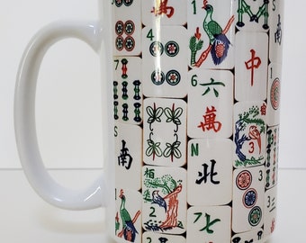 Vintage Bone Tile Design Theme, Mahjong, Ceramic Mug 15oz. Made to Order