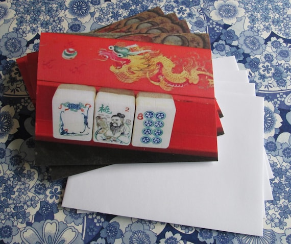 Set of Four Mahjong Stationery Cards & Four Envelopes ~ Inspired by Vintage Mahjong Tile Designs ~ Note Cards