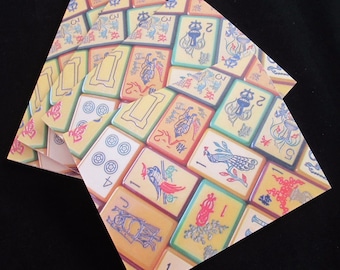 Set di 4 biglietti di auguri vintage con tessere di Mahjong.