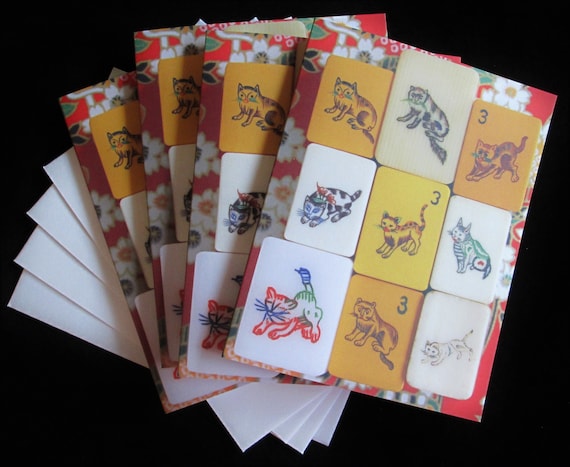 Set of Four Mahjong Stationery Cards & Four Envelopes ~ Inspired by Vintage Mahjong Tile Designs ~ Note Cards