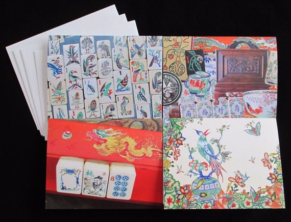 Set of Four Mahjong Stationery Cards & Four Envelopes ~ Inspired by Vintage Mahjong Tile Designs ~ Note Cards