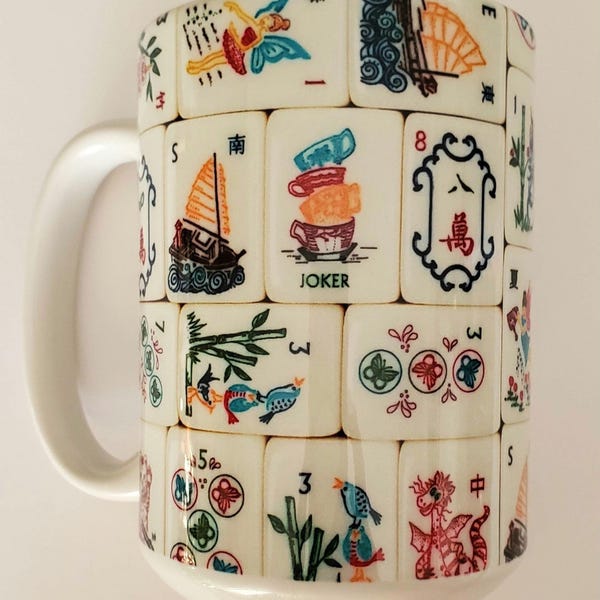 PRINTED on FLAT SURFACE Mother Nature Mahjong, Ceramic Mug 15oz Made to Order. Mahjongg Mah Jongg Jong