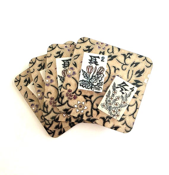 New, Set of Four, Vintage Mahjong Flower Tile Theme Design, Coasters