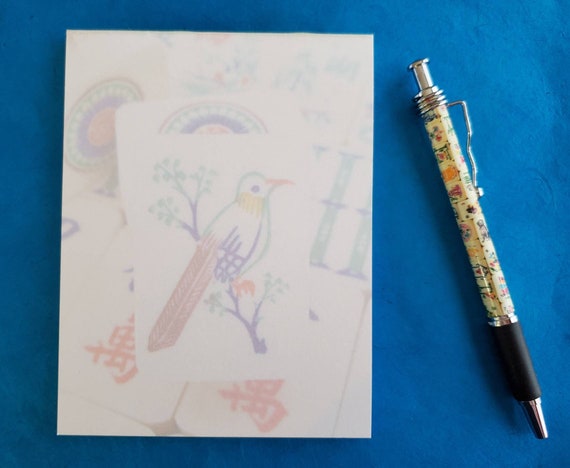 Mahjong One Bamboo Bird Tile, Sets of a Pen and Notepad ~ Inspired by a Vintage Mahjong Tile and the Mother Nature Set Designs