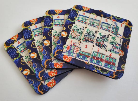 New, Set of Four, Vintage Train, Mahjong Tile Theme Design, Coasters