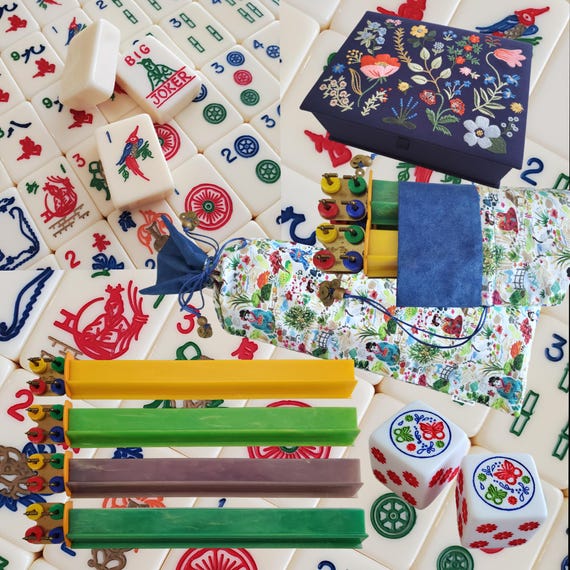 VTG Mahjong Set: 152 Creamy-White American Beauty Tiles, Embroidered Box, Rack Bag, Racks & Dice