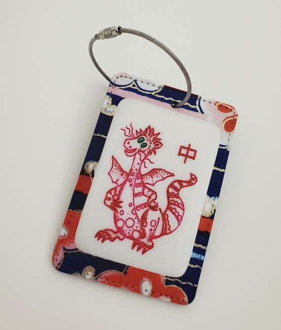 Luggage Tag with Metal Ring, Rectangle ~ Mother Nature Mahjong Tile Image, Red Dragon