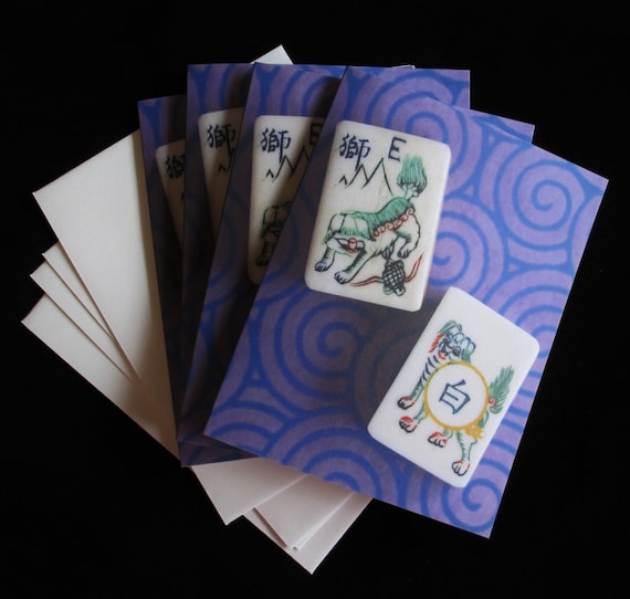 Set of Four Mahjong Stationery Cards & Four Envelopes ~ Inspired by Vintage Mahjong Tile Designs ~ Note Cards