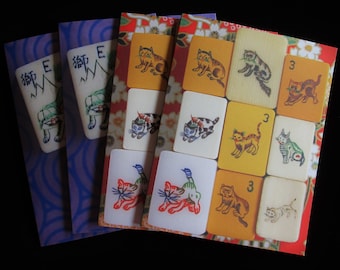 Vintage Mahjong Tile Briefpapier Karten, Foo Hund & Katze Designs (4er Set)