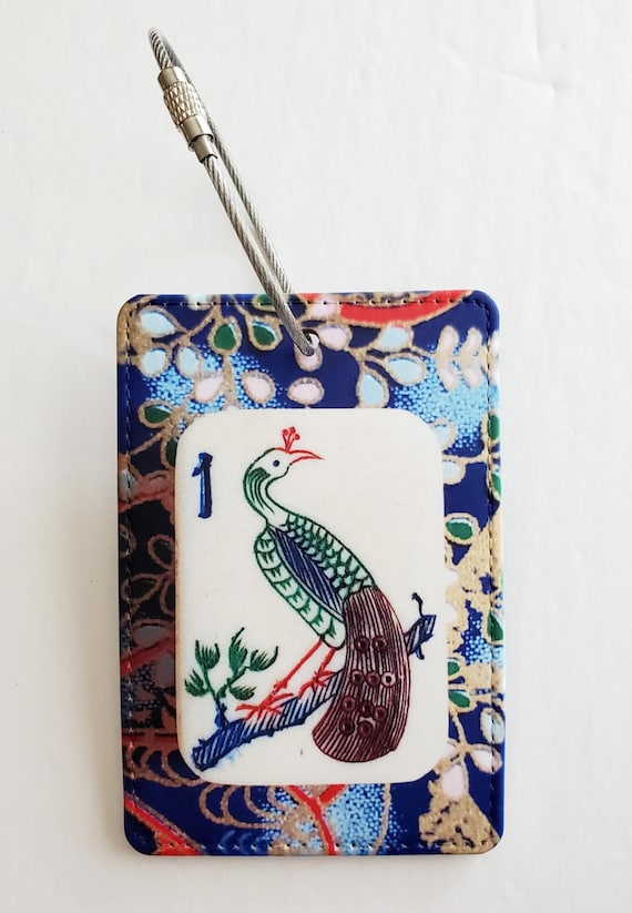 Luggage Tag with Metal Ring, Rectangle ~ One Bamboo Peacock Mahjong Tile Image