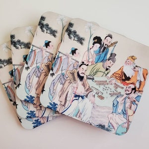 Set of Four, Immortals Playing Mahjong Theme Coasters