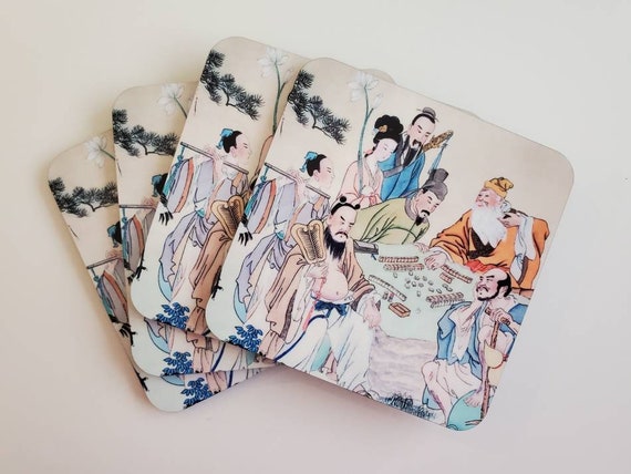 Set of Four, Immortals Playing Mahjong Theme Coasters