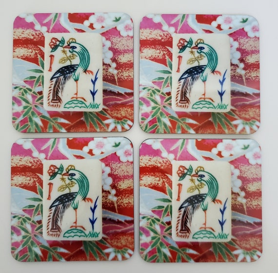 New, Set of Four, Vintage One-bamboo Tile Design, Mahjong Theme Coasters