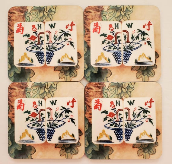 New, Set of Four, Mahjong Flower Tile Theme Design, Coasters