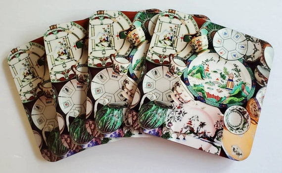 Set of Four, Mahjong and Chinese Motif China Design, Coasters