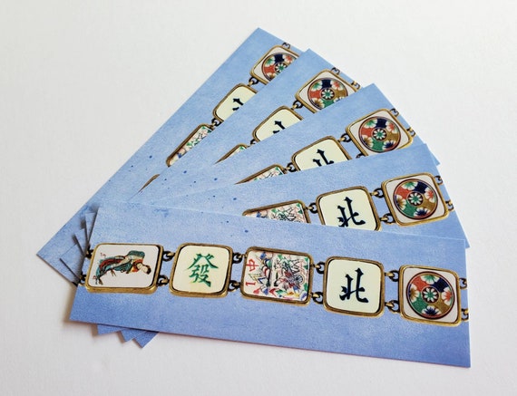 Mahjong Tile Themed Bracelet Bookmarks Blue Background