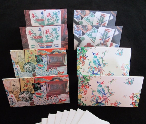 Set of Eight Mahjong, Small Stationery Gift Enclosure Cards & Eight Envelopes ~ Two Each of Four Different Vintage Mahjong Tile Designs