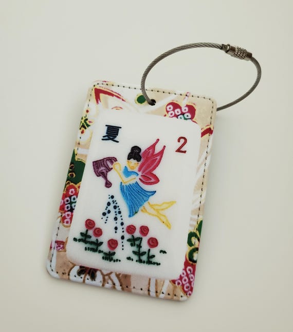 Luggage Tag with Metal Ring, Rectangle ~ Mother Nature Mahjong Tile Image, Flower Tile