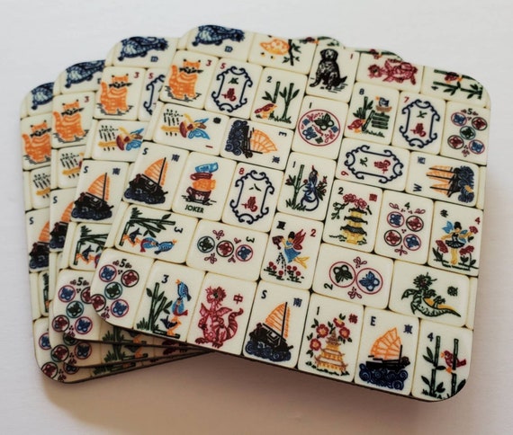New, Set of Four, Mother Nature Tile Design, Mahjong Theme Coasters