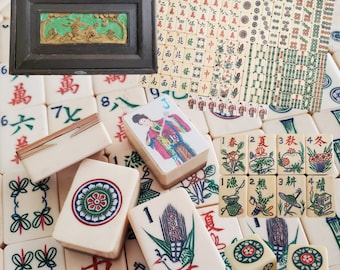 152 Tiles, Thick Bovine Bone and Bamboo, Hand Carved Tiles, 1920s Mahjong Set in Wood Box with Carved Panel, NMJL ready