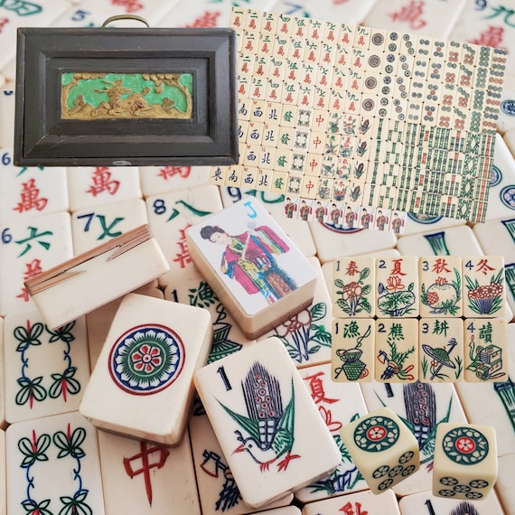 152 Tiles, Thick Bovine Bone and Bamboo, Hand Carved Tiles, 1920s Mahjong Set in Wood Box with Carved Panel, NMJL ready