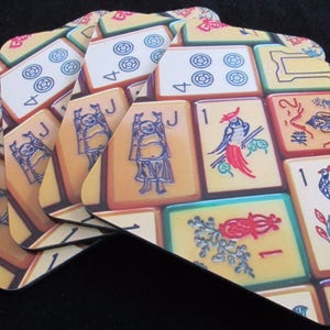 New, Set of Four, Vintage Enrobed Tile Design, Mahjong Theme Coasters