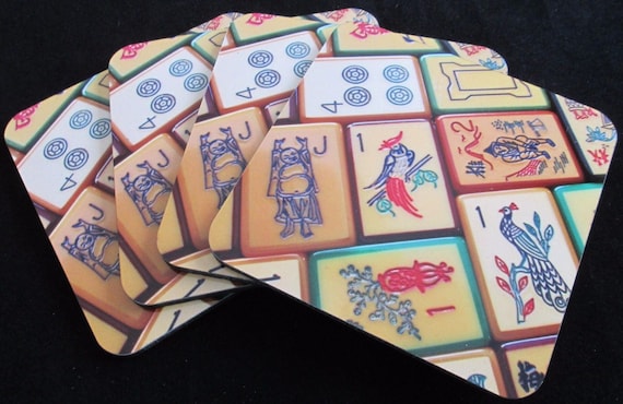 New, Set of Four, Vintage Enrobed Tile Design, Mahjong Theme Coasters
