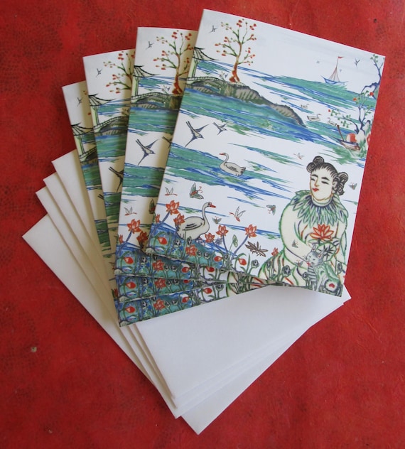 Set of Four Mahjong Stationery Cards & Four Envelopes ~ Inspired by Vintage Mahjong Tile Designs ~ Note Cards
