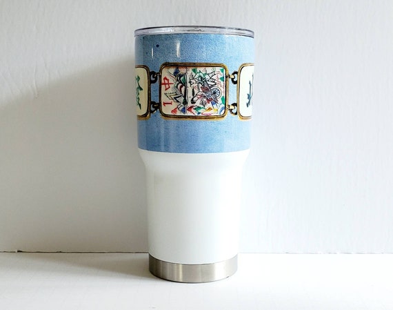 Mahjong, Tile Bracelet Theme Design, Stainless Steel Tumbler 30 oz. Style Blue Background