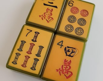 Green Enrobed Tiles, Set of Four Met Games Vintage Tiles, Orphans