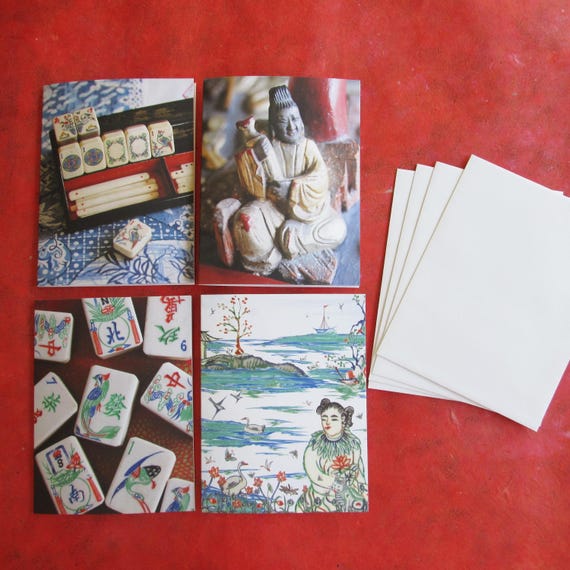 Set of Four Mahjong Stationery Cards & Four Envelopes ~ Inspired by Vintage Mahjong Tile Designs ~ Note Cards