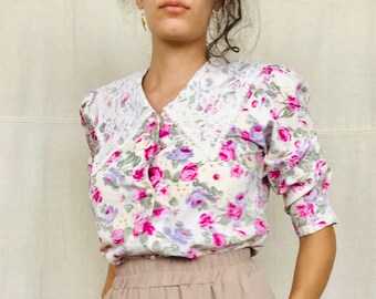 80er Jahre Spitzen Kragen Bluse - Klein