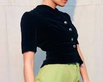 80s Pleated Velvet Button Down Blouse - Small