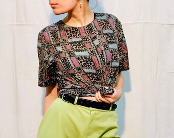 Blouse à motifs de soie vintage des années 80 des années 90 - Leopard - Cheetah - Chain Print