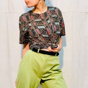 80s 90s Vintage Silk Patterned Blouse - Leopard - Cheetah - Chain Print