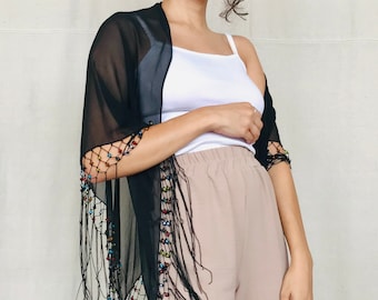 Black Sheer Beaded Shawl