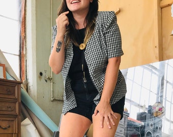 90s Vintage Black and White Plaid Button Up Blouse Medium - Large