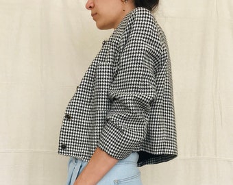 90s Vintage Cropped Oversized Houndstooth Wool Blazer - Small - Medium