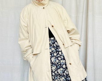 Vintage 1980s Cream Oversized Trench Coat — Minimalist Cotton Blend Windbreaker