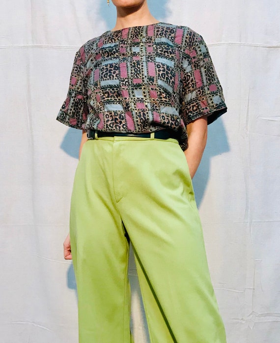 80s 90s Vintage Silk Patterned Blouse - Leopard -… - image 2