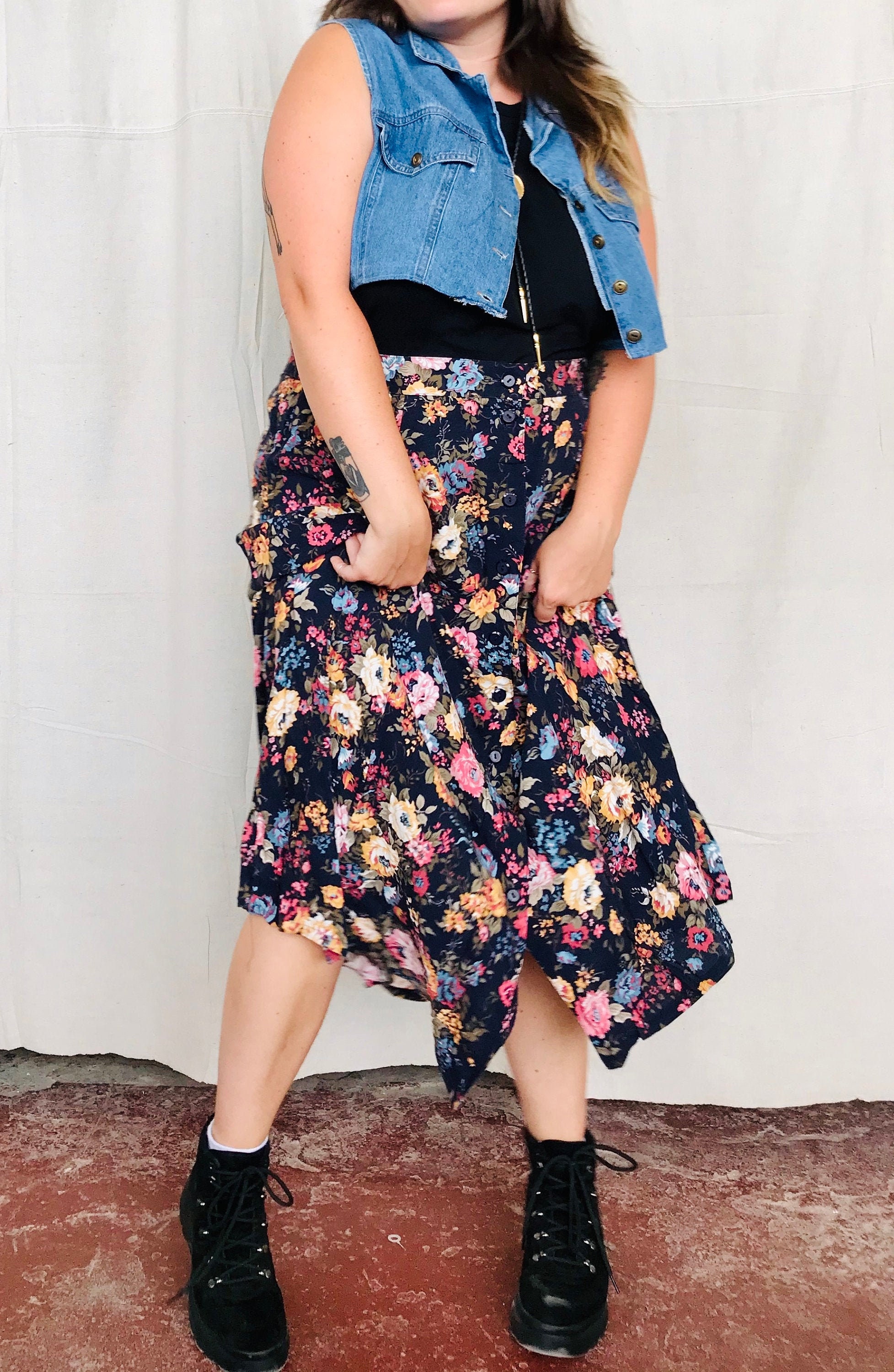 90s Vintage Colorful Floral Skirt Size Large Button Down Skirt - Main Image