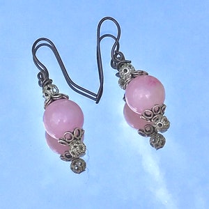 Vintage Rose Quartz Drop Earrings –Silver Dangle Jewelry