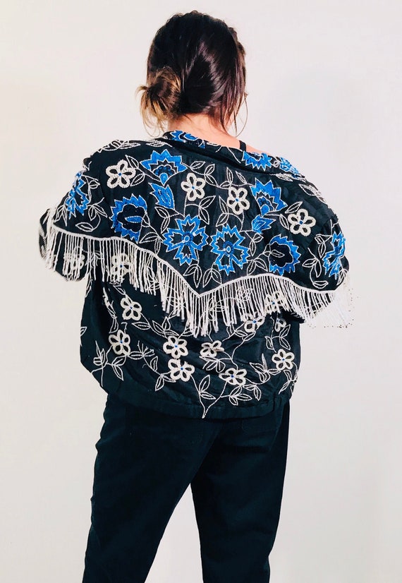 Vintage Beaded Fringe Bomber Jacket - Floral Bead… - image 1