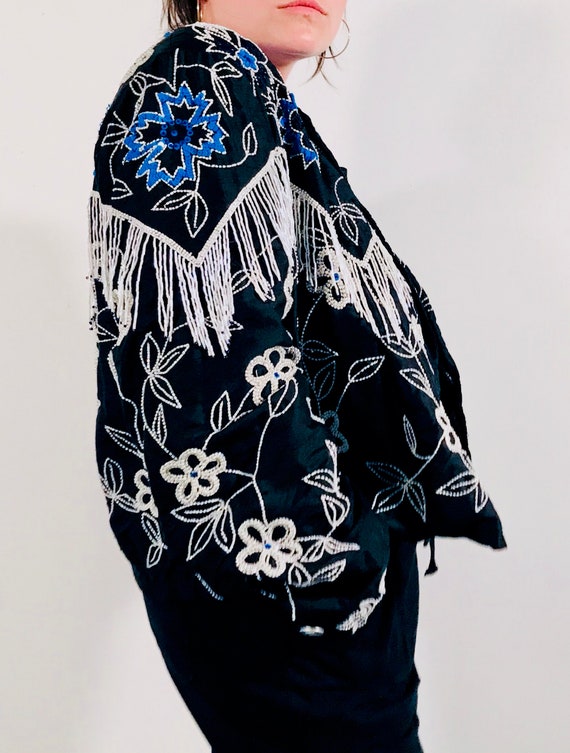 Vintage Beaded Fringe Bomber Jacket - Floral Bead… - image 3